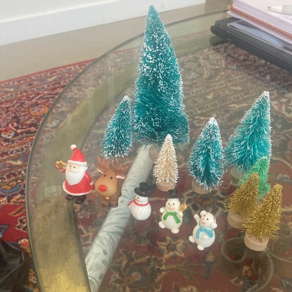 Set of brush trees and celluloid figures. Santa snowmen reindeer